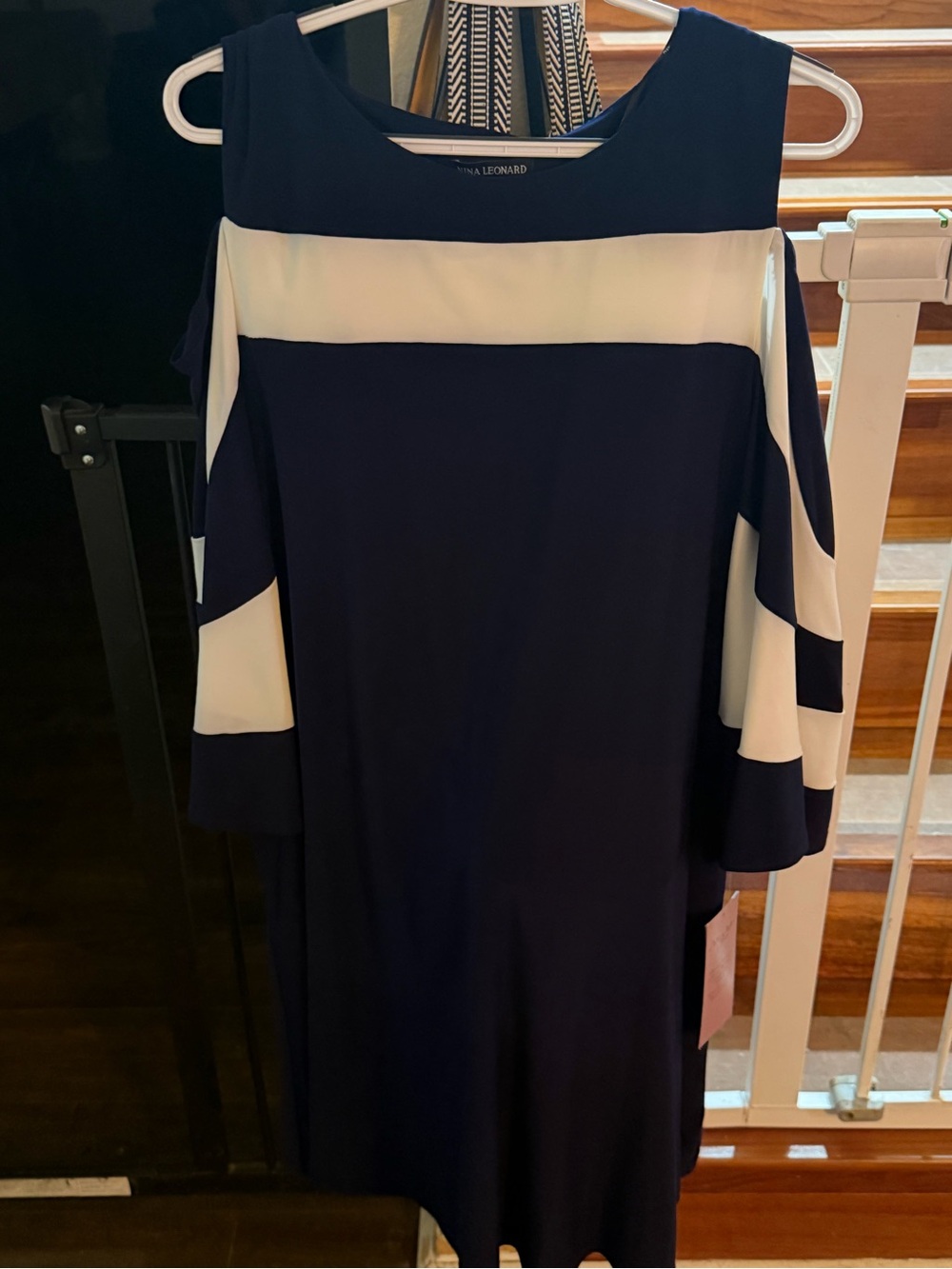 Nina Leonard Navy and White Cold-Shoulder Sheath Dress